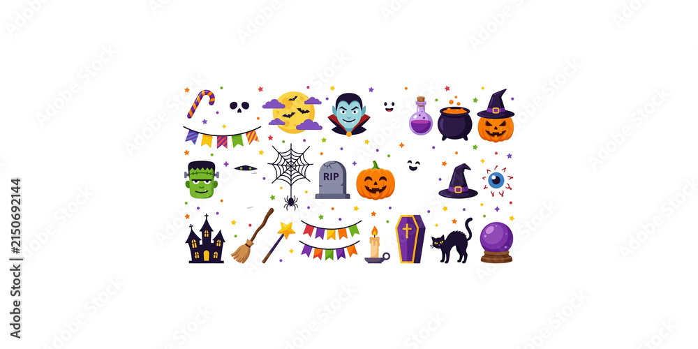 Fototapeta premium Halloween holiday element collection with spooky characters and items for festive party invitations and craft projects.