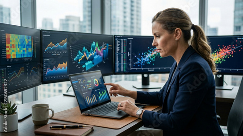 Woman Analyzing Financial Data on Multiple Computer Screens and Laptop
