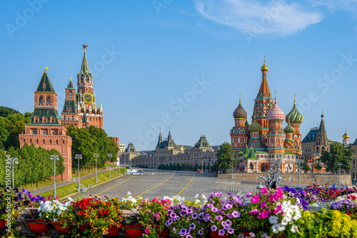 Summer morning on Red Square near the Moscow Kremlin and St. Basil's Cathedral, Moscow city in Russia