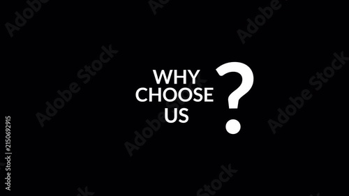 Why Choose Us Text Animation with Question Mark Icon, Modern Business Corporate Typography for Marketing and Presentation.