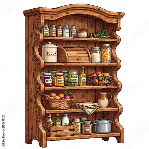 Wooden pantry shelf with organized jars and food storage solutions