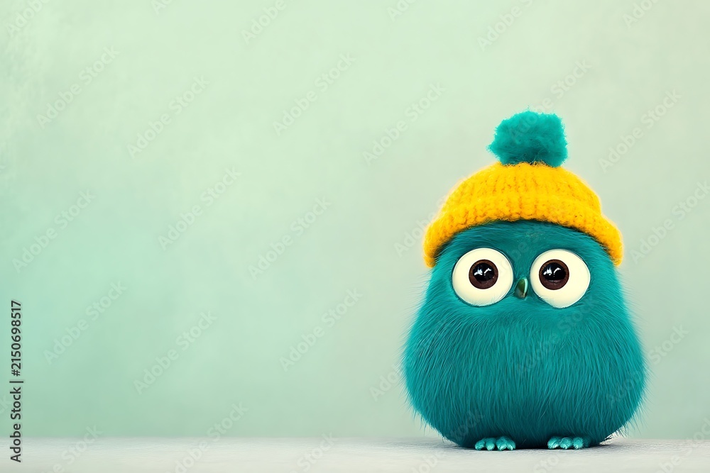 Fototapeta premium Blue stuffed owl wearing a yellow knitted hat