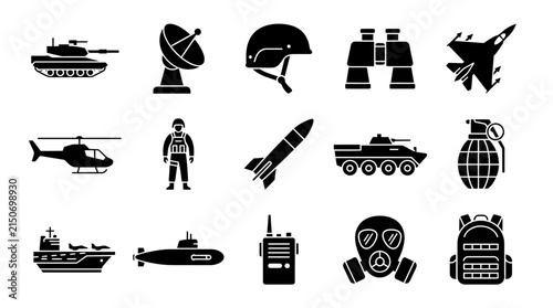 Konstfotografi Military icons collection depicting defense equipment, weapons, vehicles, and tactical army gear isolated on a white background