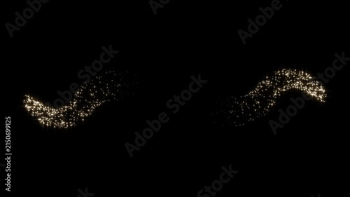 Shimmering golden glitter particles trail animation, glowing star sparkle burst effect with magic fairy dust light motion visual asset overlay for festive visuals on black background. 4k