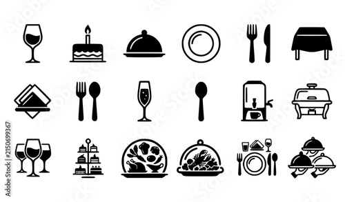 Restaurant Catering Service and Dining Table Icons, Modern Black White Vector Set
