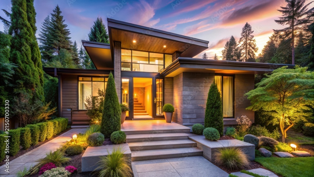 Fototapeta premium Modern Residence with Illuminated Exterior and Lush Landscaping at Dusk