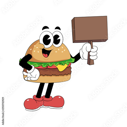 Retro Burger Mascot Holding Blank Placard