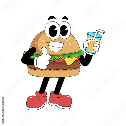 Cartoon Burger Mascot Holding Soda and Giving Thumbs Up
