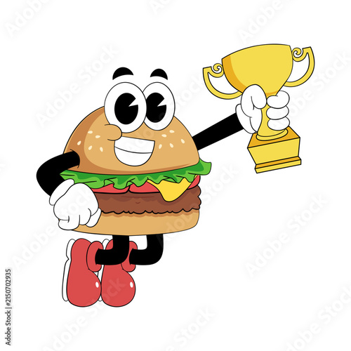 Champion Burger Mascot Holding Gold Trophy