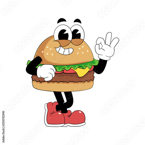 Retro Burger Mascot Showing OK Hand Sign