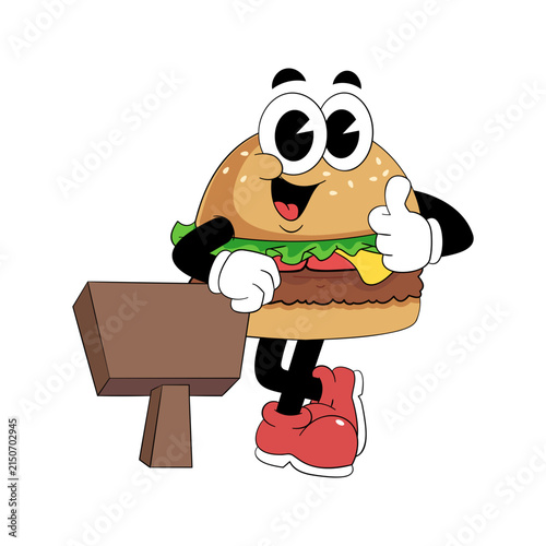 Cartoon Burger Mascot Holding Blank Wooden Sign