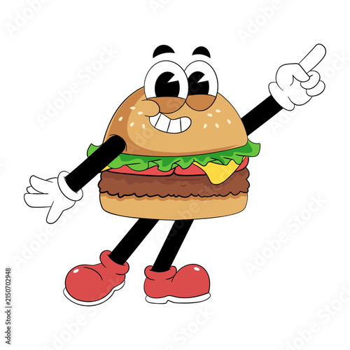 Retro Burger Mascot Pointing Diagonally Upward