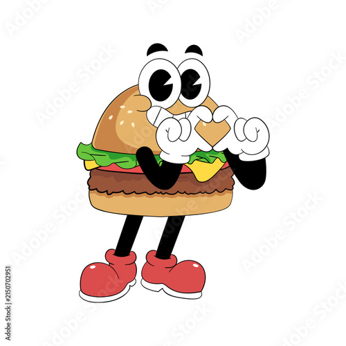 Cute Retro Burger Mascot Making Heart Hand Sign