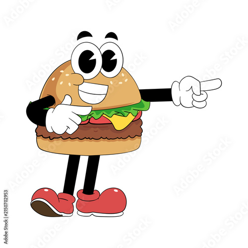 Retro Cartoon Burger Mascot Pointing Right