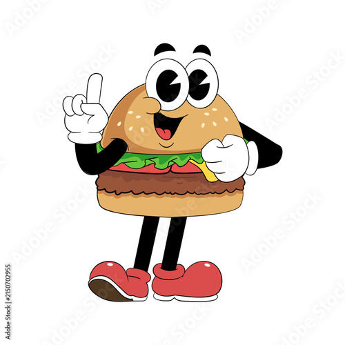 Retro Burger Mascot Pointing Finger Up
