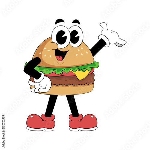 Retro Burger Mascot Presenting with Both Hands