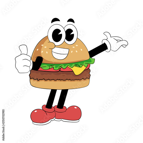 Retro Hamburger Mascot Giving Thumbs Up and Presenting