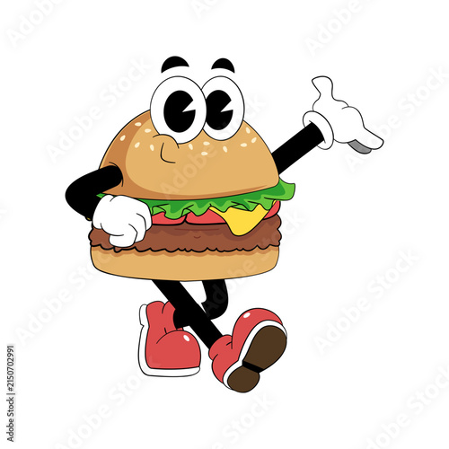 Retro Cartoon Burger Mascot Walking and Waving
