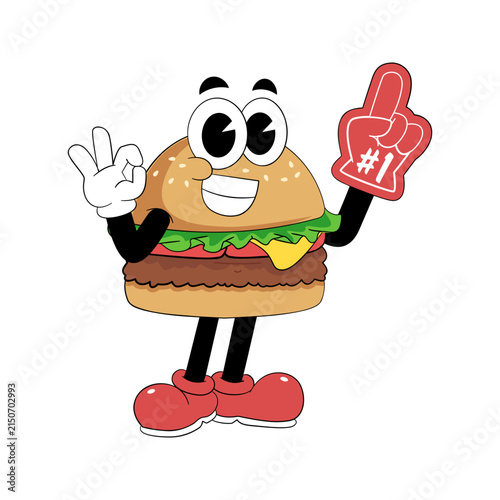 Retro Fast Food Mascot Wearing Number One Foam Finger
