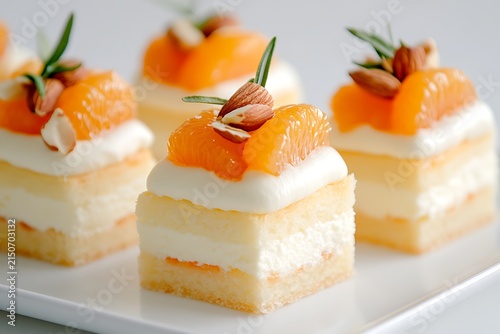 Delicate Citrus Dessert Squares with Cream, Fresh Orange, Almonds, and Rosemary Garnish