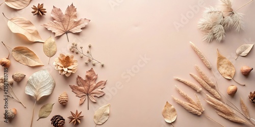Autumnal Botanical Flatlay Dried Leaves, Flowers, and Grasses on a Neutral Background