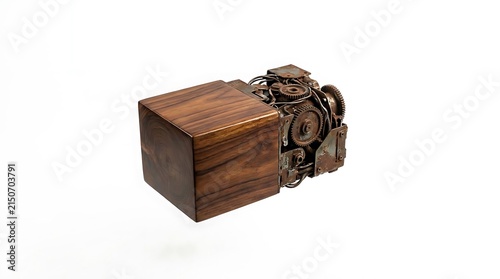 Wooden cube integrated with mechanical gears and steampunk clockwork.