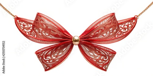 Intricate Red Bow Pendant Necklace with Delicate Filigree Design and Golden Accent