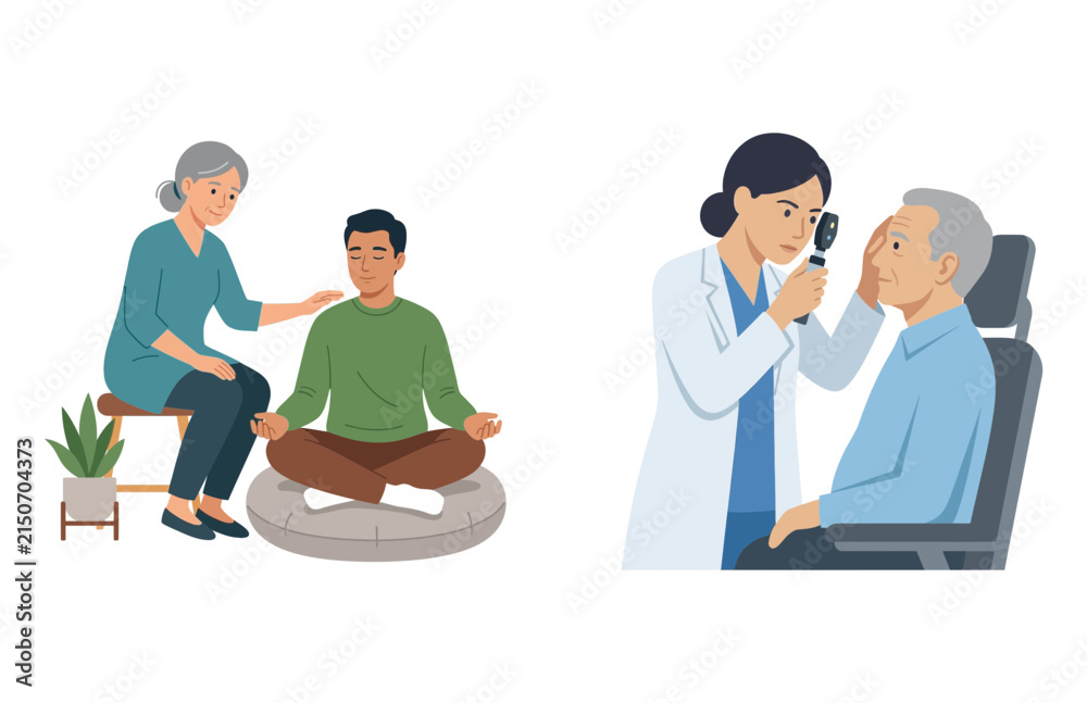 Obraz premium Senior Wellness and Medical Eye Examination Illustrations Featuring Elderly Care and Professional Vision Screening