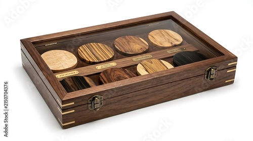 Wooden display box containing circular wood samples.