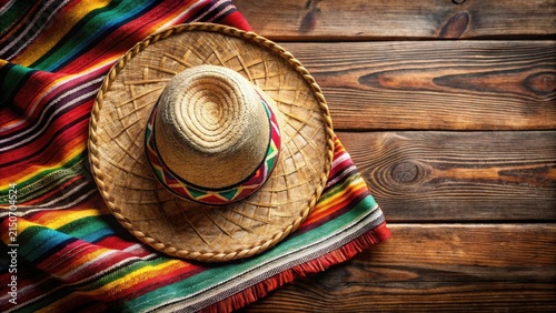 A Traditional Woven Straw Hat Resting Upon a Vibrantly Colored Textile on a Rustic Wooden Surface