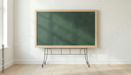 Bright classroom with empty chalkboard