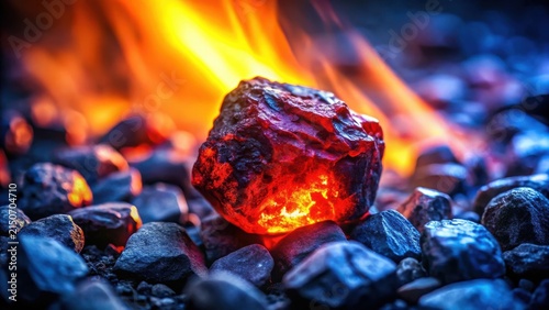Glowing Embers A Single, Fiery Stone Amidst Dark, Cool Rocks Illuminated by Intense, Vibrant Flames