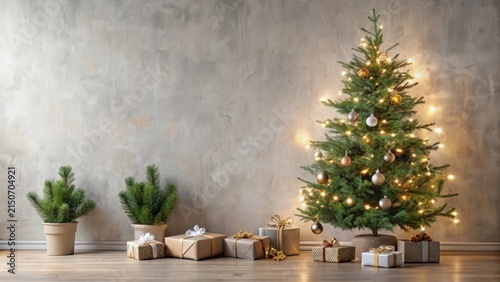 A Festive Christmas Tree Decorated with Ornaments and Fairy Lights, Flanked by Potted Plants and Wrapped Gifts Against a Textured Wall