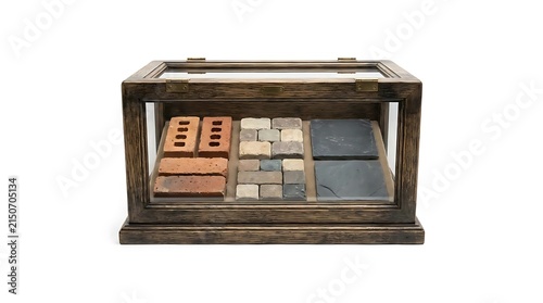 Wooden display case with building material samples.