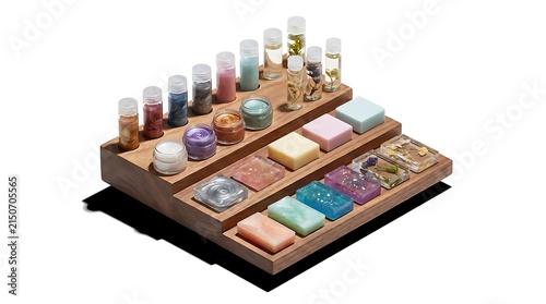 Wooden tiered display holding colorful soaps and jars