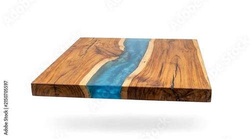 Wood slab with blue epoxy resin river design.