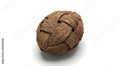 Woven brown coconut fiber ball on white background.
