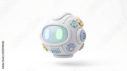 Small white spherical robot with blue eyes.