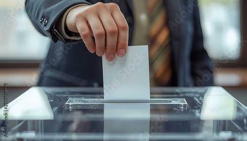 Person casting vote into clear plastic ballot box