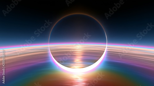 Stunning view of a solar eclipse with colorful atmospheric reflections and glowing horizon from space