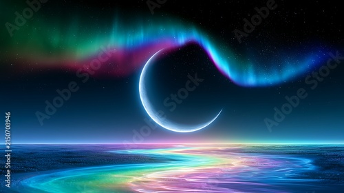 Beautiful night sky with colorful Aurora Borealis over calm ocean and crescent moon