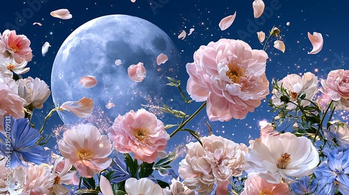 Beautiful floral scene with blooming pink and white roses under a full moon and starry night sky