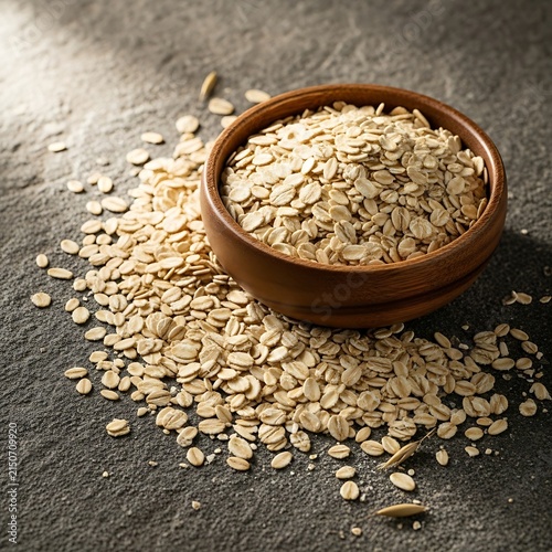 Rolled Oats in Wooden Bowl on Dark Surface.