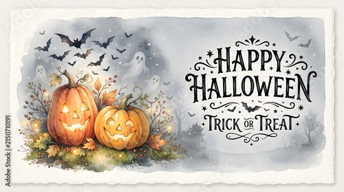 Watercolor painting of pumpkins and bats with a vintage happy halloween message