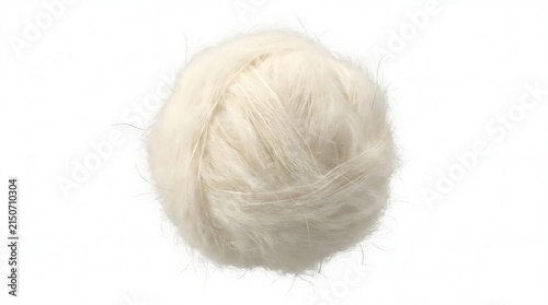 Soft white wool yarn ball on white background.
