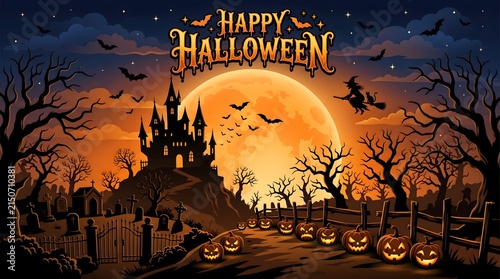 Spooky halloween night scene with a castle silhouetted against a full moon