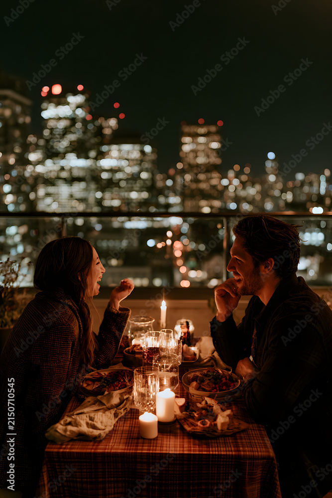 Fototapeta premium The couple celebrates their anniversary with a rooftop dinner, enjoying city lights and candlelight, as they share meals and laughter