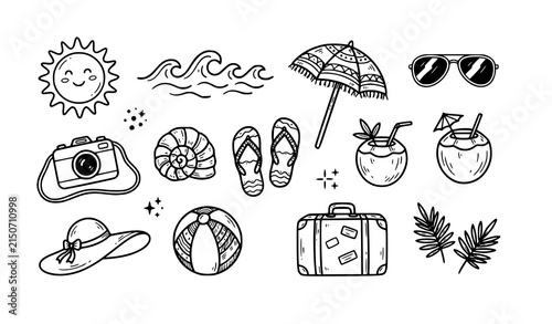 Summer Beach Vacation Doodle Icon Set Hand Drawn Travel Vector Illustration