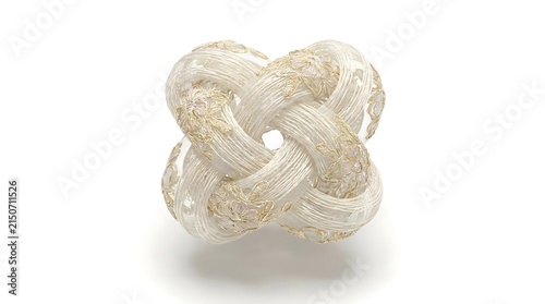 Transparent woven crystalline knot sculpture on white.