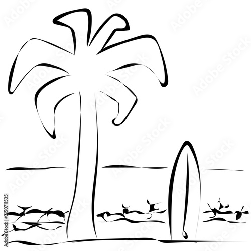 Strand mit Palme und Surfbrett 